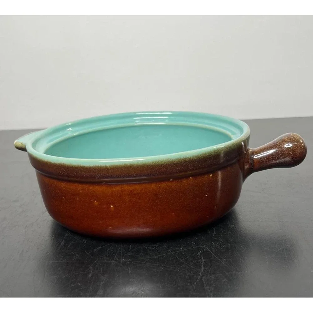Vintage‎ Ceramic Casserole Dish Brown Turquoise MCM Single Handle 6.5in